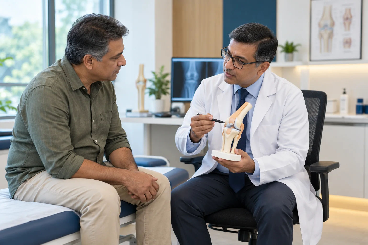 Orthopaedic doctor explaining a knee model during a patient consultation