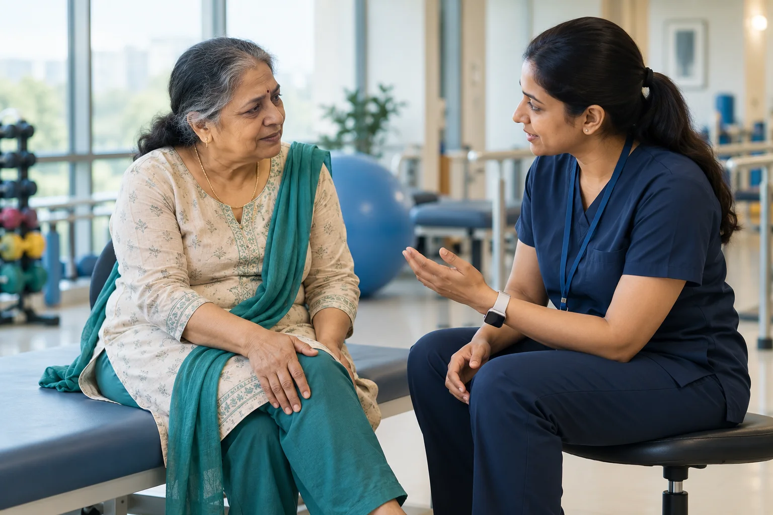 Older Indian woman discussing persistent knee pain with a healthcare professional