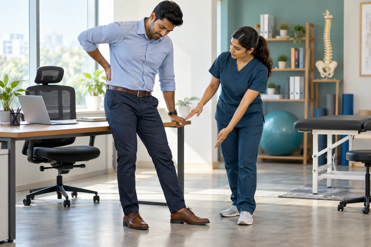 Indian office professional receiving guidance for lower back and leg pain