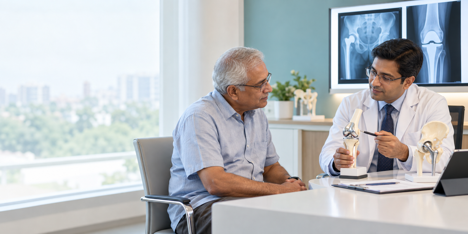 Orthopaedic surgeon explaining knee and hip joint replacement to a patient