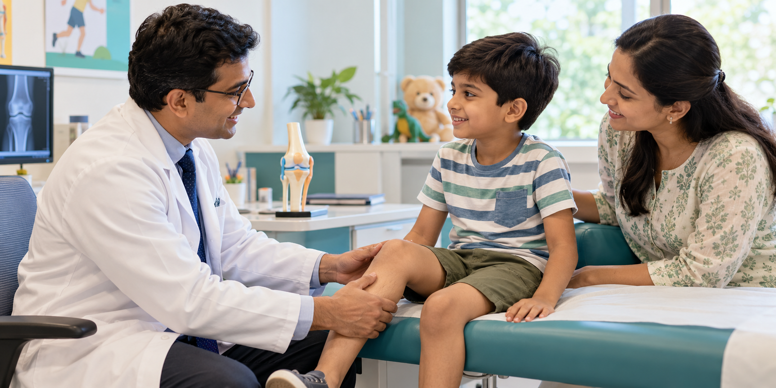 Pediatric orthopaedic doctor examining a child’s knee with a parent present