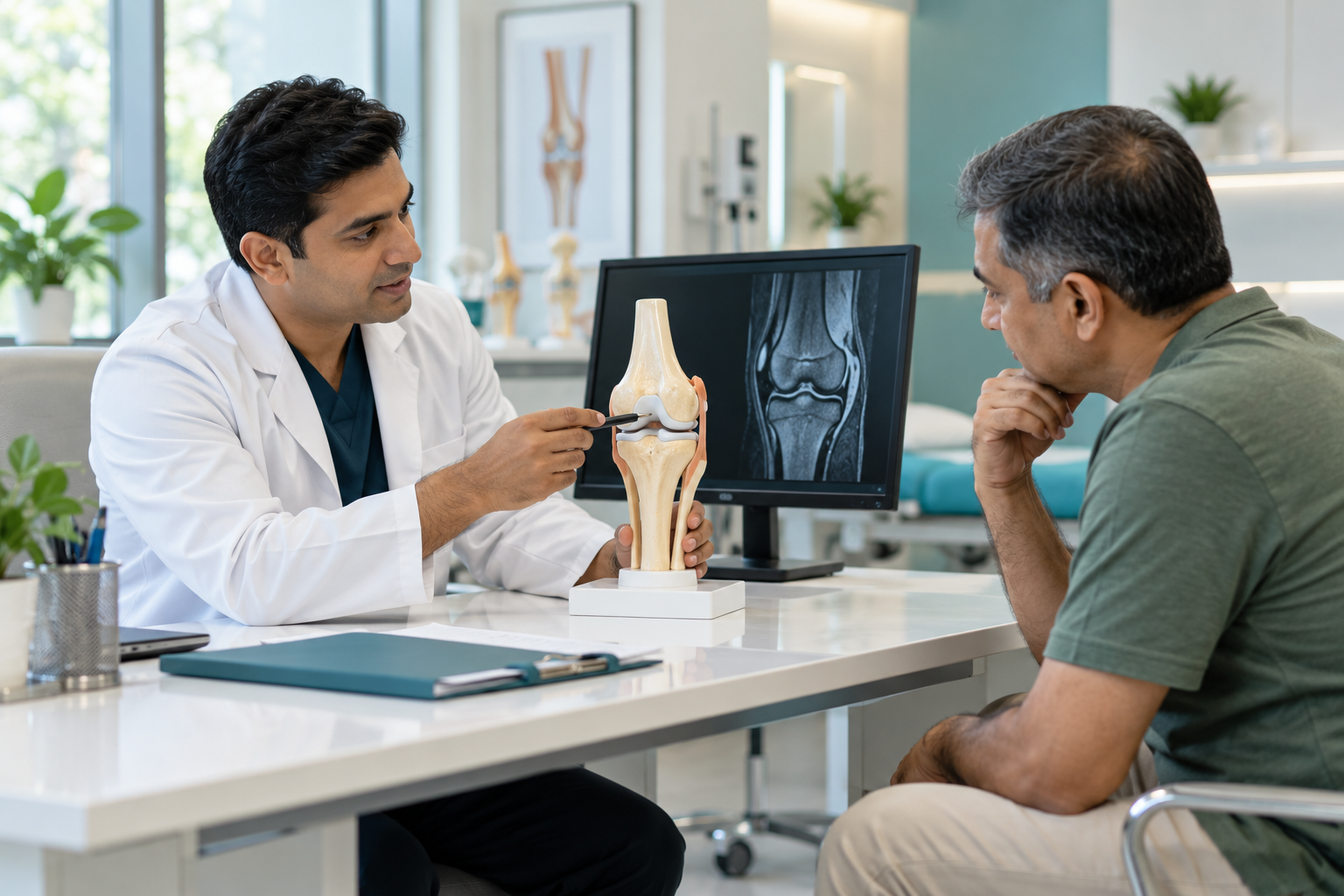 Orthopaedic specialist explaining joint preservation with a knee model