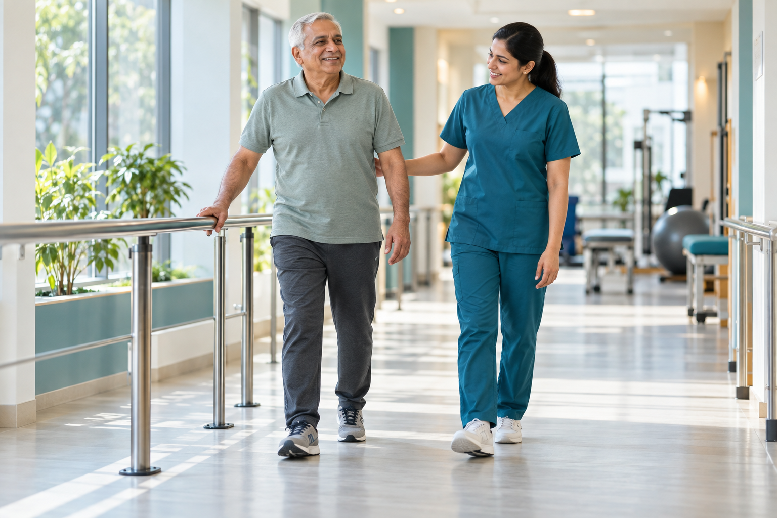 Patient walking confidently during knee replacement rehabilitation
