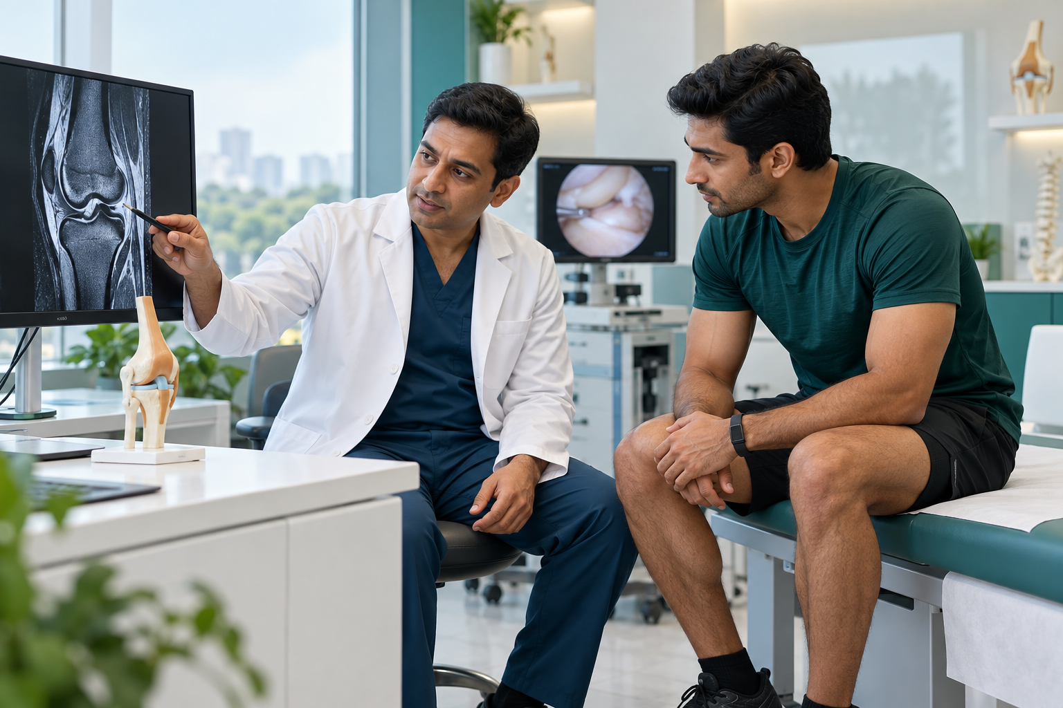 Sports medicine specialist discussing a knee injury with an athlete